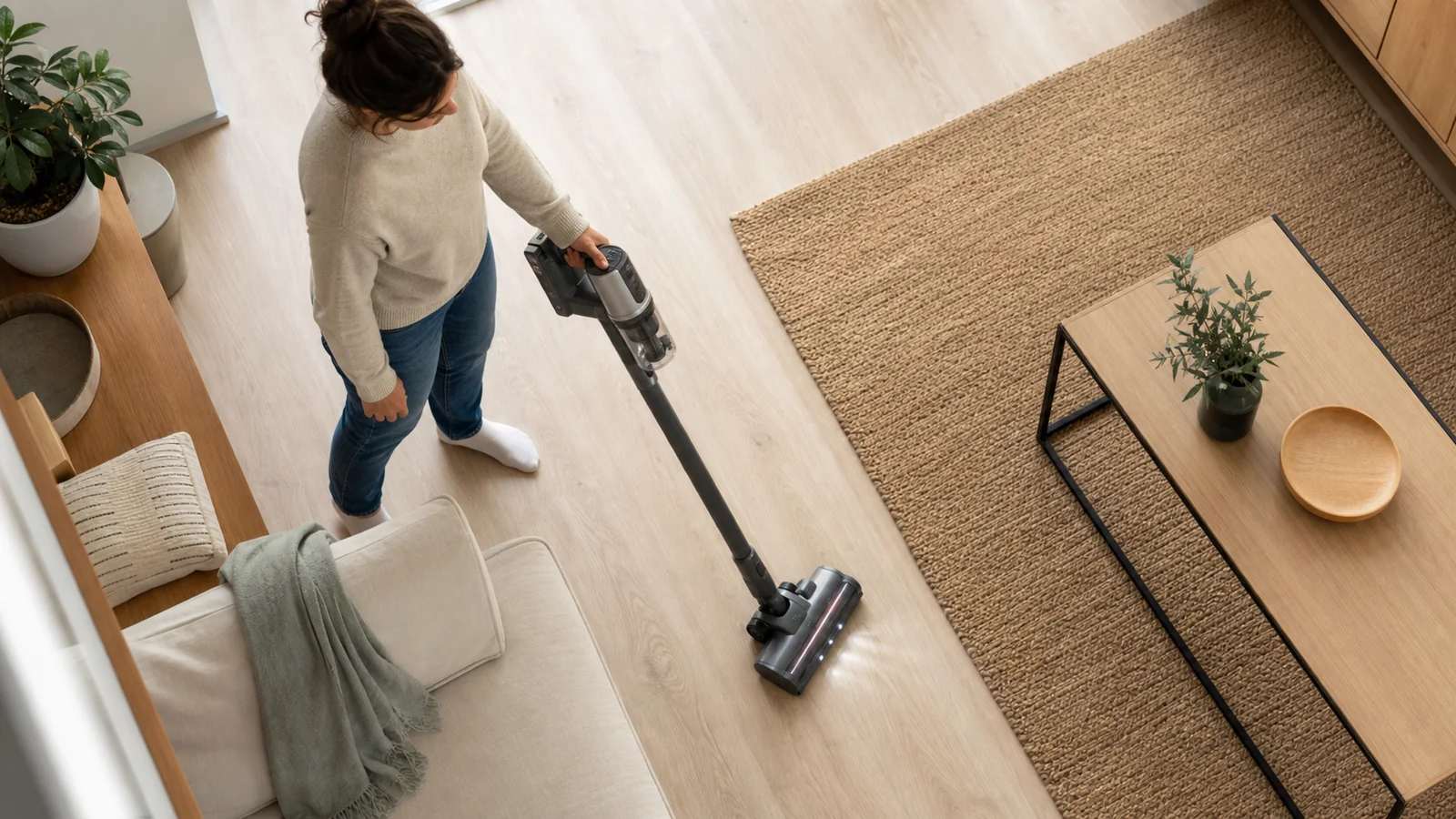 Aspiradora sin cable limpiando suelo de madera junto a una alfombra