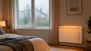 Radiador encendido en una habitación con condensación en la ventana